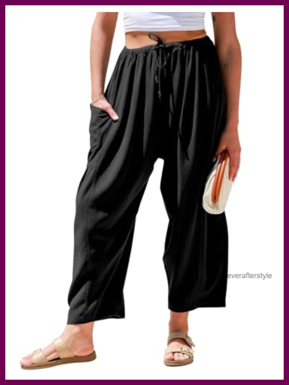 Womens Linen Wide Leg Palazzo Harem Pants with Pockets Drawstring
